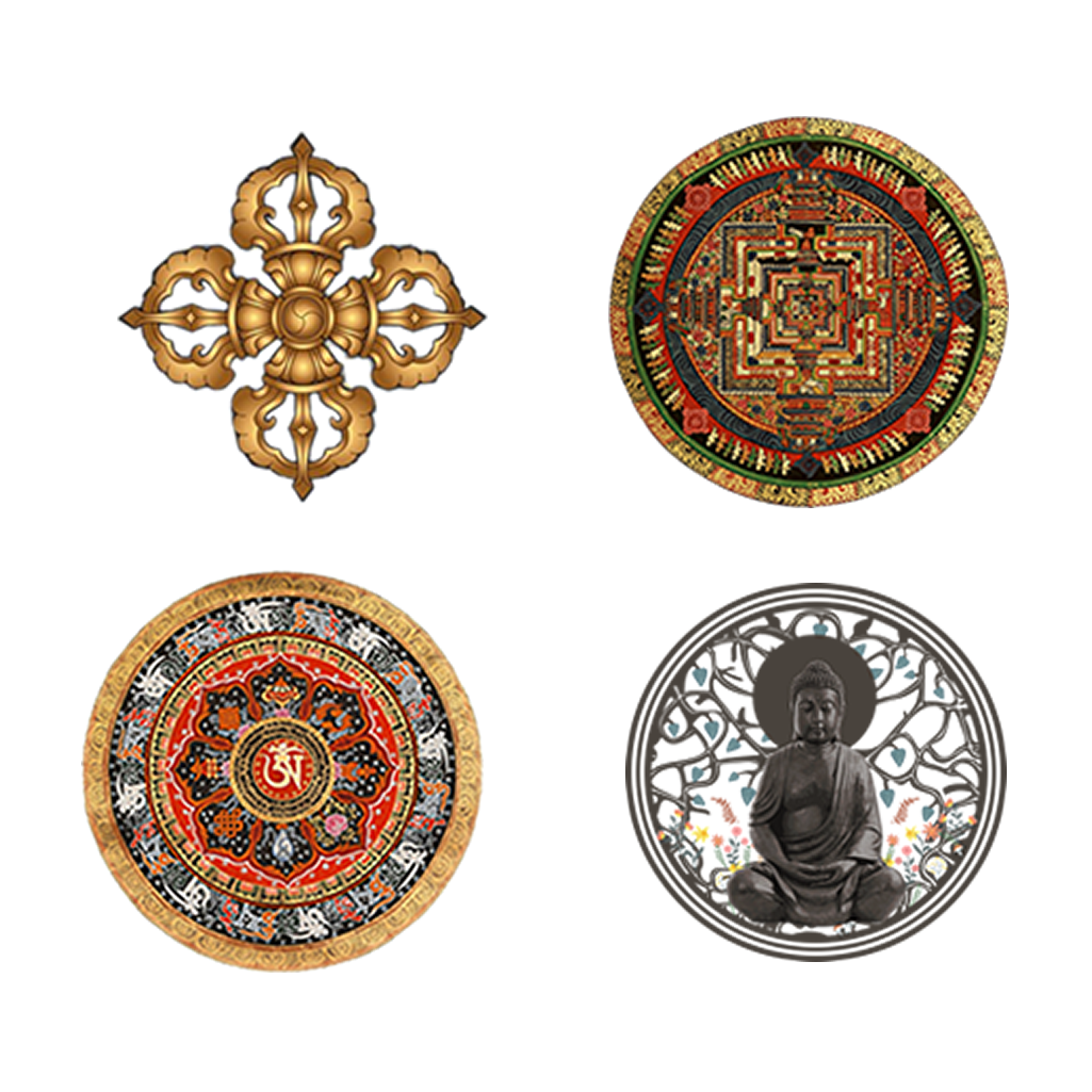 4 x Tibetan Symbols Iron on Screen Print Transfers for fabrics Washable Mandala, 8 Auspicious symbols, Buddha, Dhorje