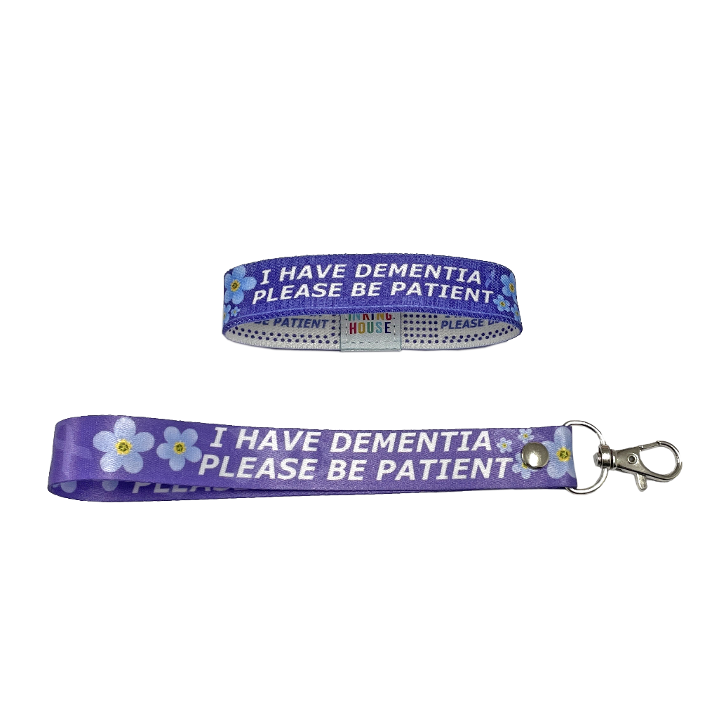 Set of DEMENTIA awareness elastic Wrist band wristband / Key tag I have dementia please be patient forget me not