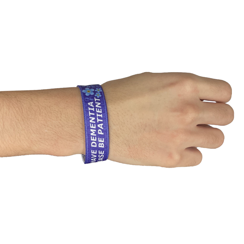 Set of DEMENTIA awareness elastic Wrist band wristband / Key tag I have dementia please be patient forget me not