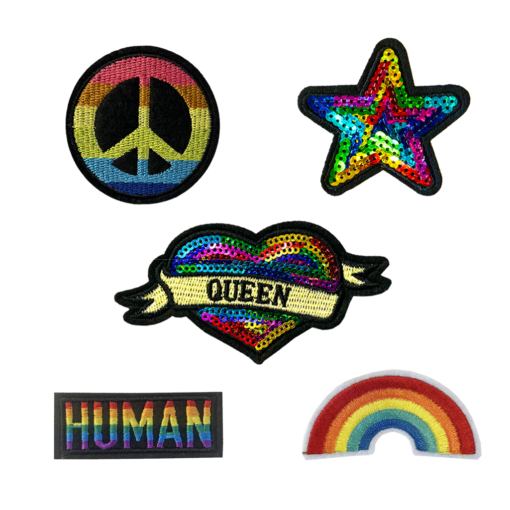 Set of 5 LGBT Embroidery Patch Iron on or Sew on Embroidered Motif Transfer Queen star human peace
