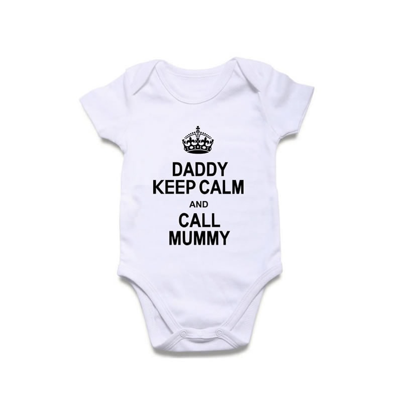 Daddy Keep Calm and Call Mummy Print New Born, 3 - 6, 6 - 9 Months Baby Grow BodySuits Gift