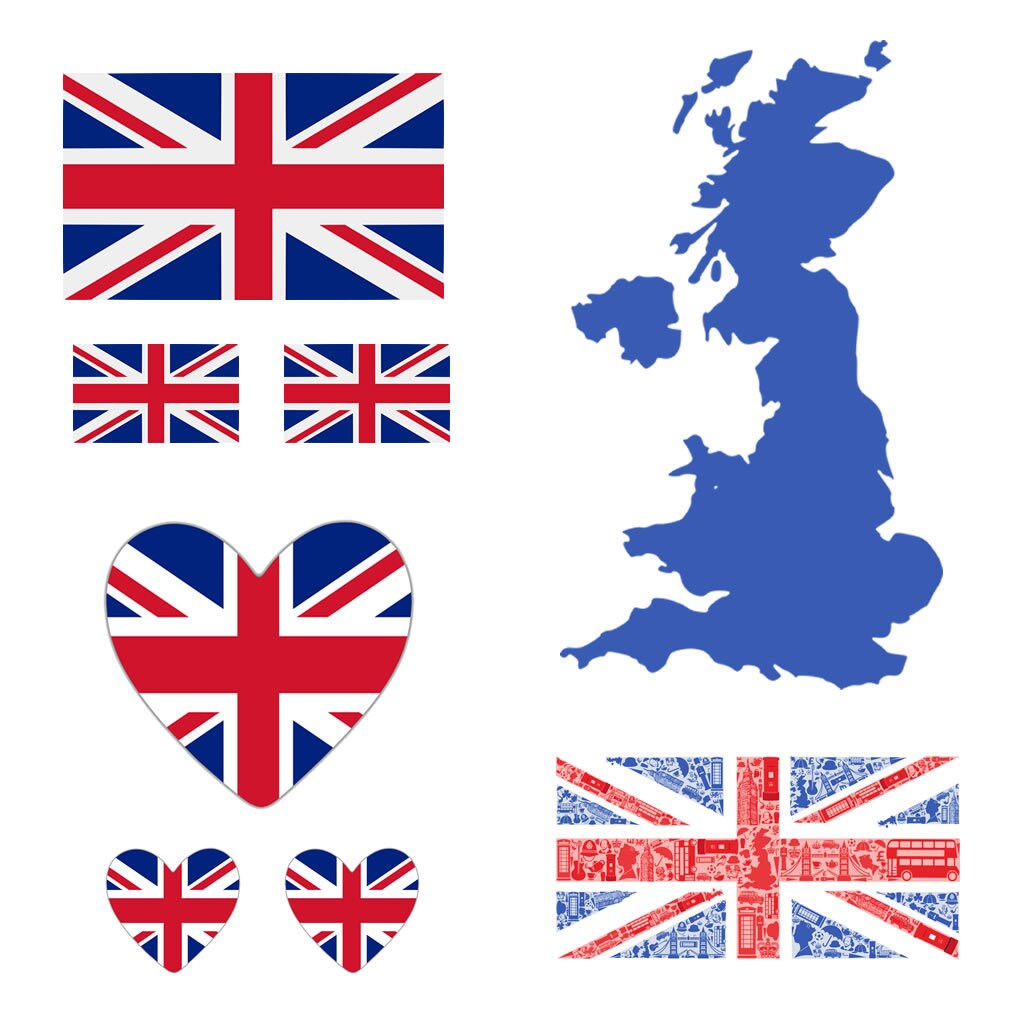 8 X UK Iron on Transfers for Fabrics Union jack united kingdom flag heart UK map