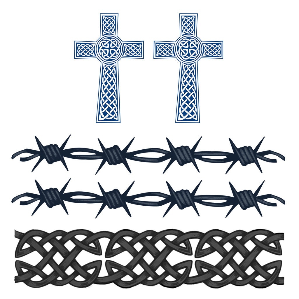 Set of 5 x Semi Permanent temporary Tattoo Waterproof Lasts 1 - 2 weeks Celtic Christian Cross barbed wire tribal arm band