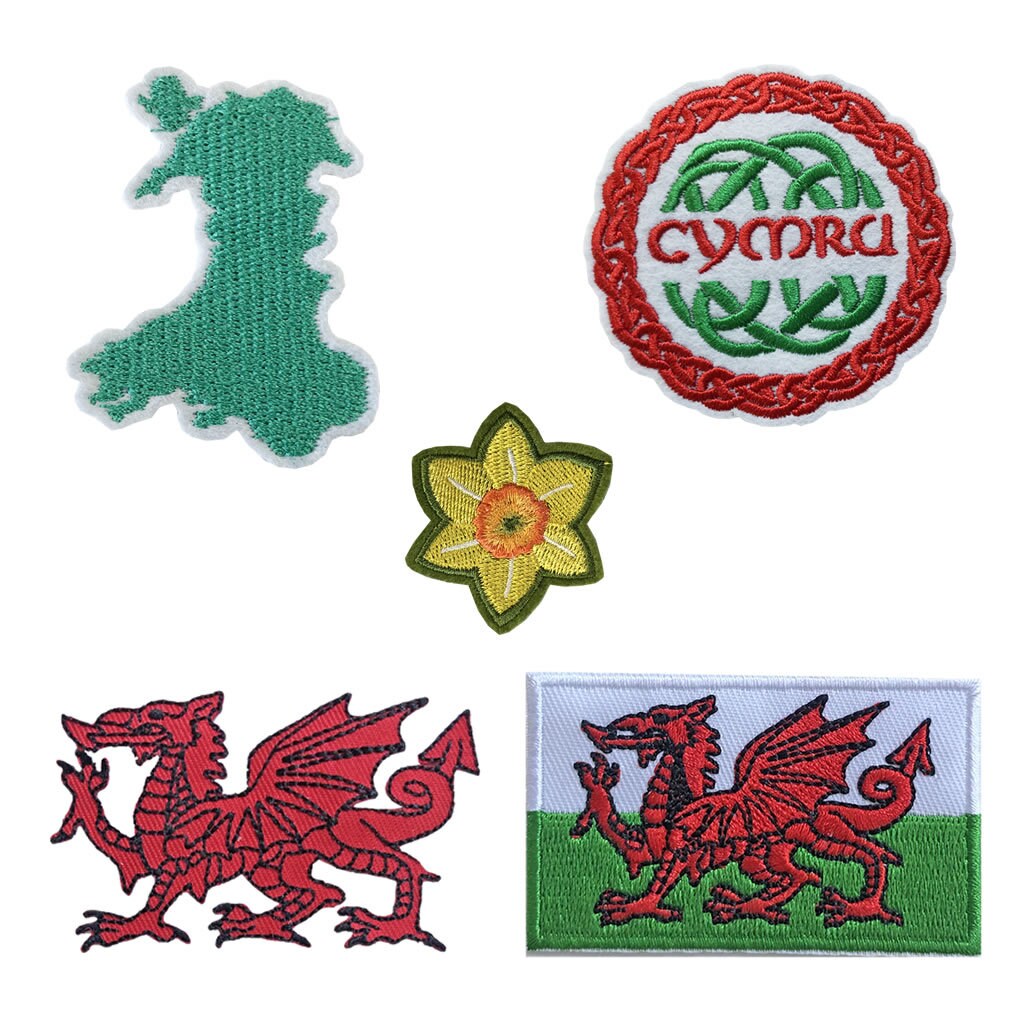Set of 5 Wales Embroidery Patch Iron on or Sew on Embroidered Motif Transfer Welsh Flag dragon Cymru map daffodil