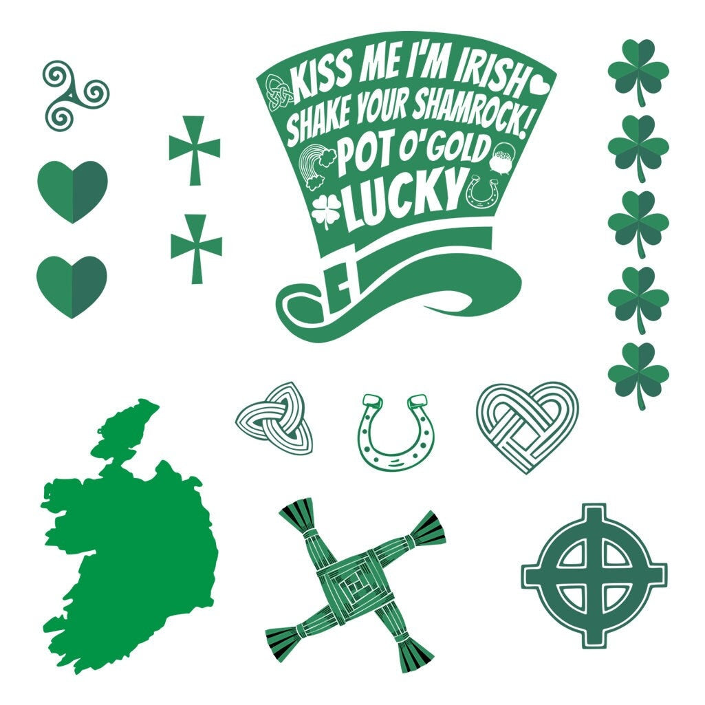 Set of 17 x Irish Temporary Tattoo Ireland Map Shamrock leprechaun Hat Cross Lucky Symbols