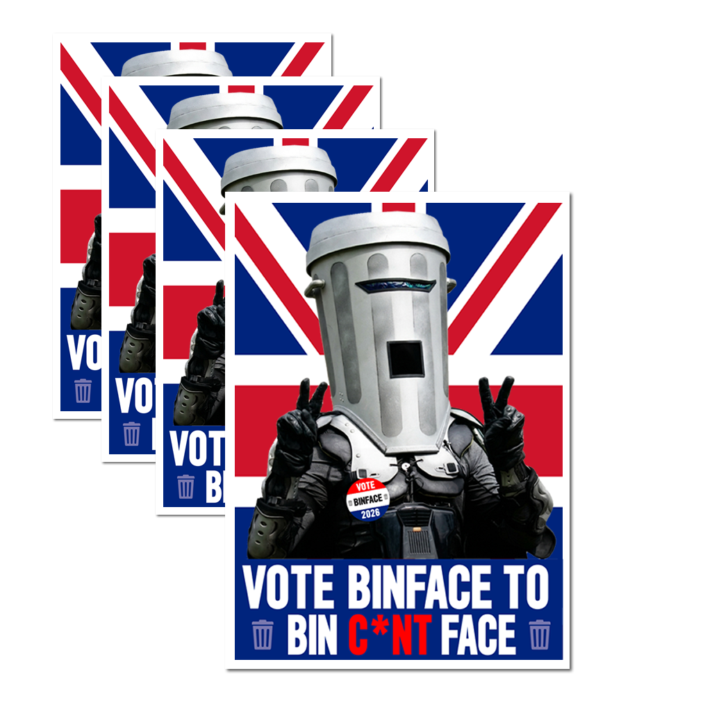 Vote Binface bin c*nt face Waterproof Vinyl Matte Sticker Label 4 Pack count bin