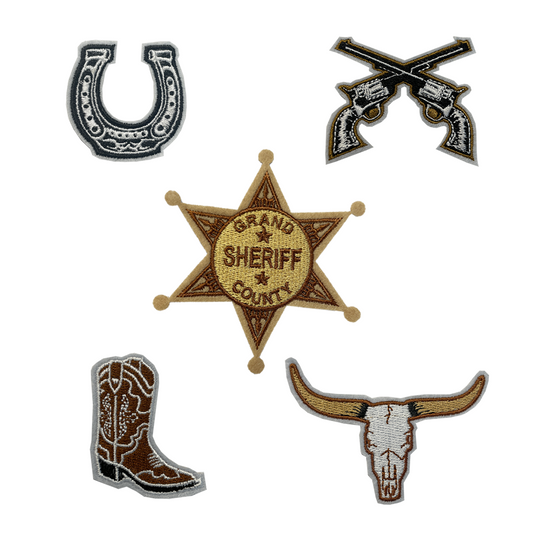 Set of 5 Cowboy Core Embroidery Patch Iron on or Sew on Embroidered Motif Transfer sheriff shoe horse boots bull skull