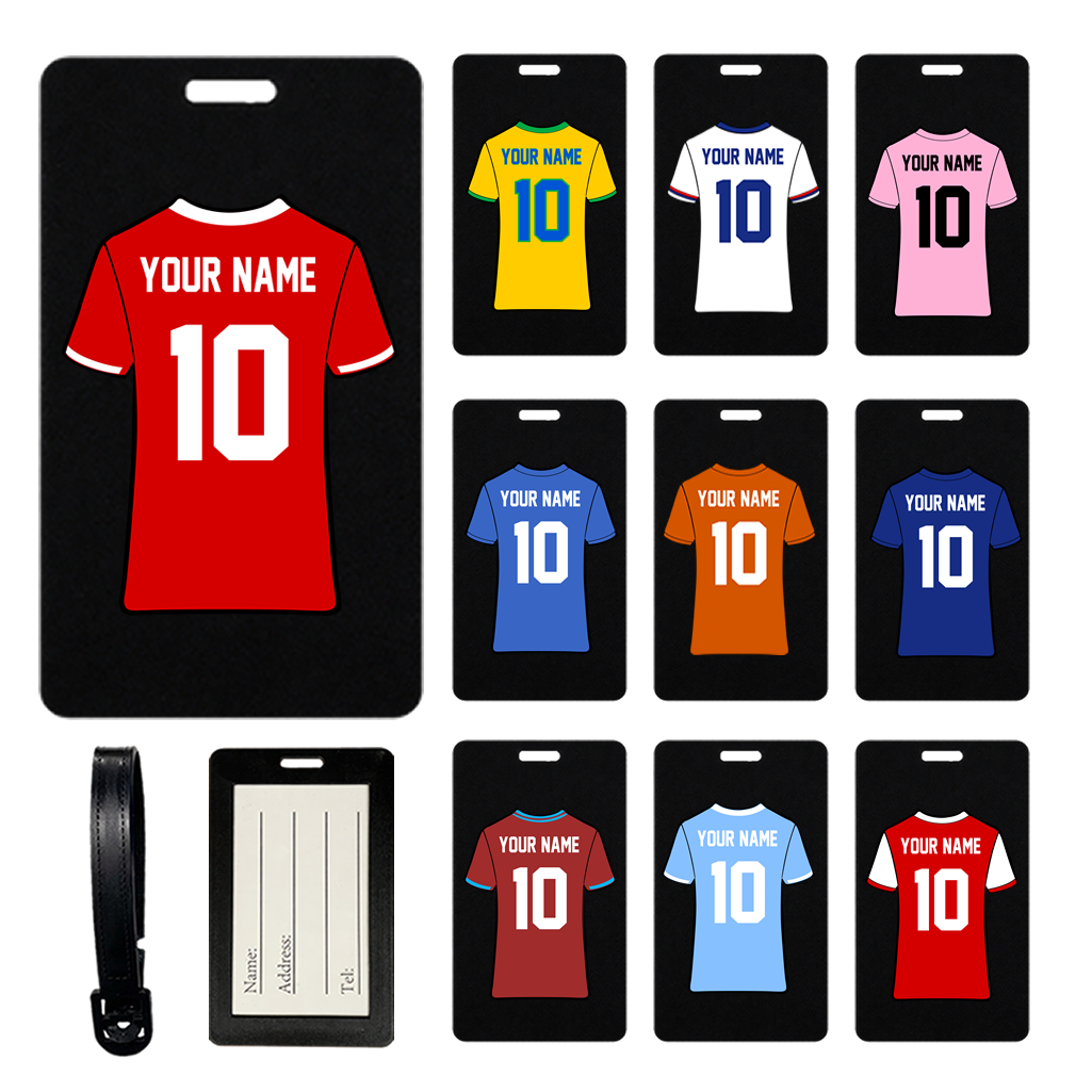 Custom Football Jersey Suitcase Tag – Luggage Tag, Travel ID holder personalised soccer t-shirt