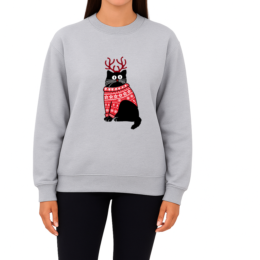 Merry Christmas Holiday cat print crew neck unisex Sweatshirt top Christmas Jumper Pussy Cat Xmas top