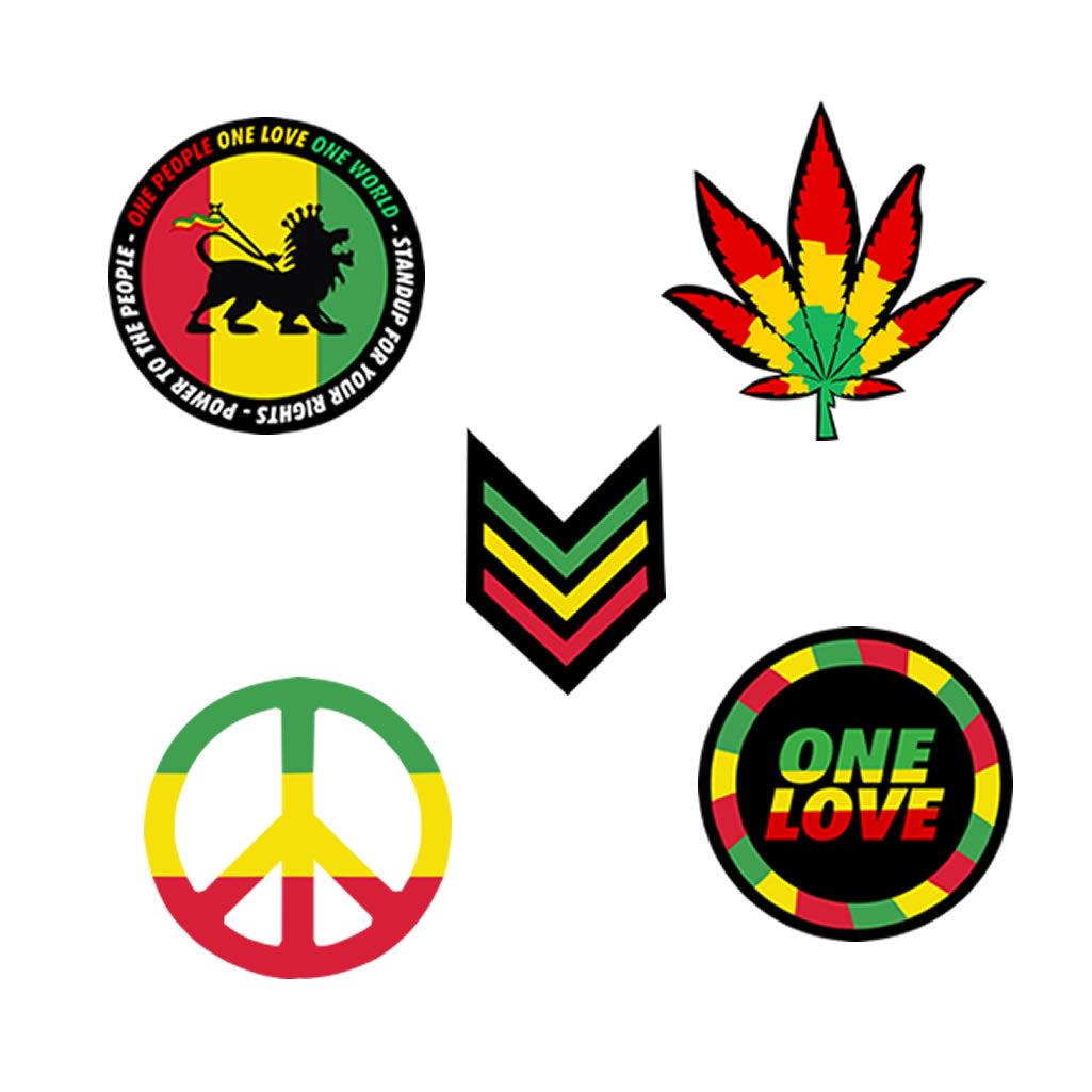 Set of 5 Rasta Iron on Transfer for fabric one love army stripes peace lion weed