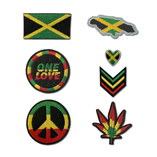 Set of 7 Jamaica Embroidery Patch Iron on or Sew on Embroidered Motif Transfer Jamaican Flag map heart one love rasta Peace