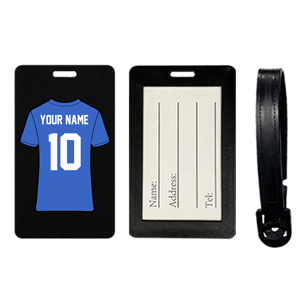 Custom Football Jersey Suitcase Tag – Luggage Tag, Travel ID holder personalised soccer t-shirt