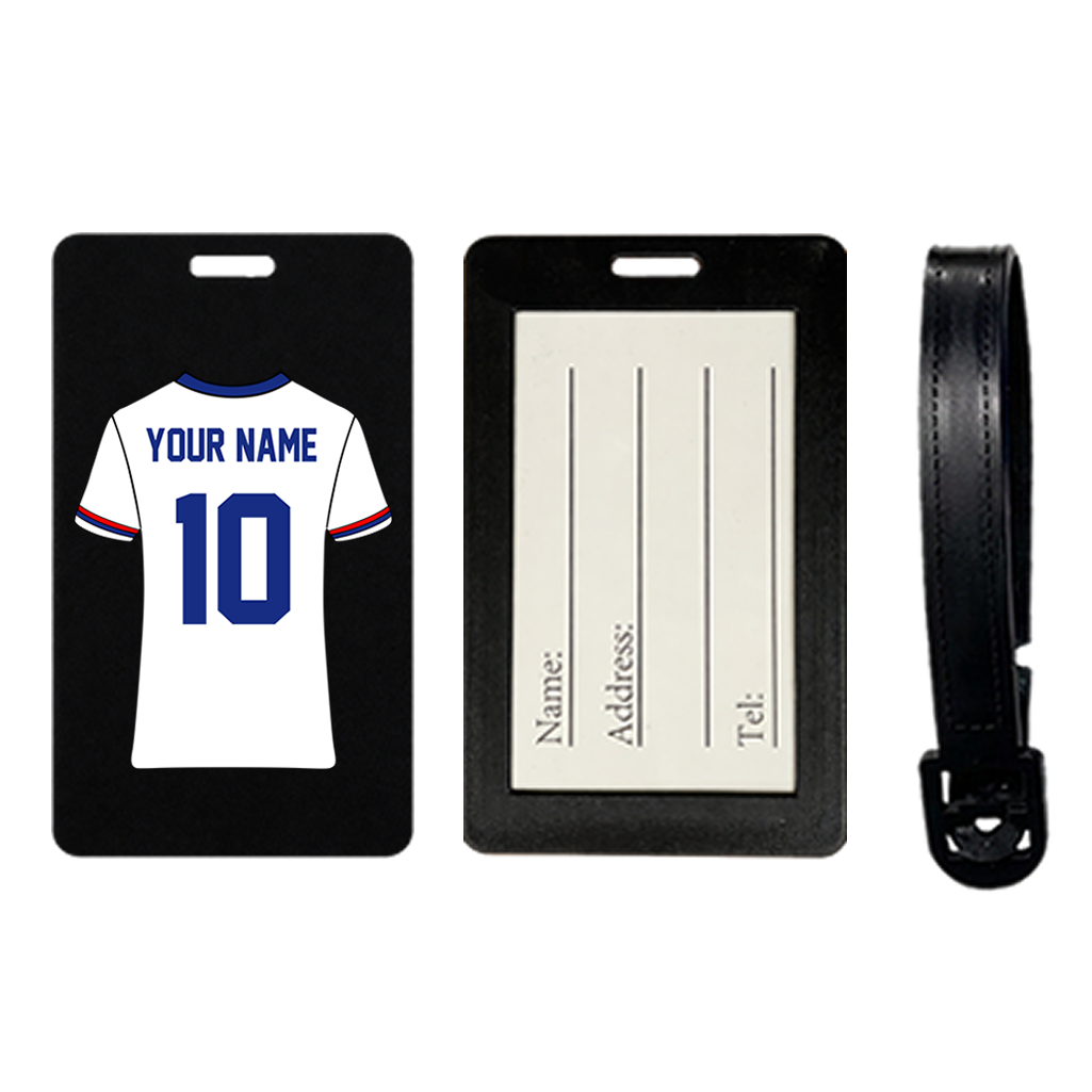 Custom Football Jersey Suitcase Tag – Luggage Tag, Travel ID holder personalised soccer t-shirt
