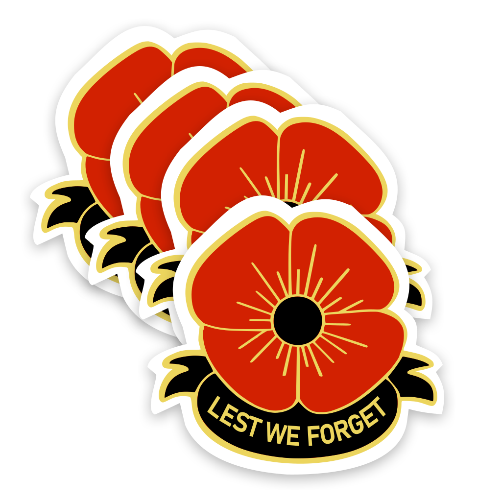4 PACK Lest we forget waterproof Gloss vinyl sticker remembrance day poppy