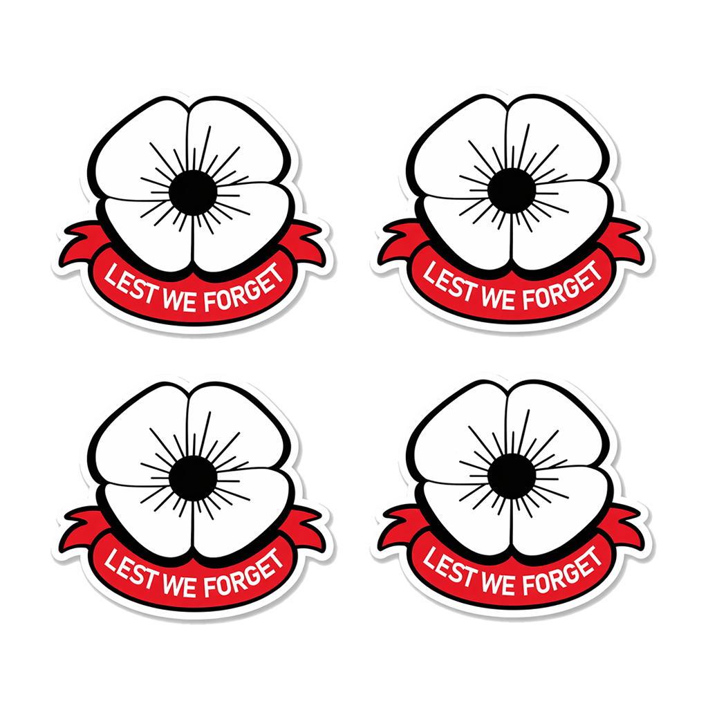 4 PACK White Poppy waterproof Matte vinyl sticker Anzac Remembrance Day resist