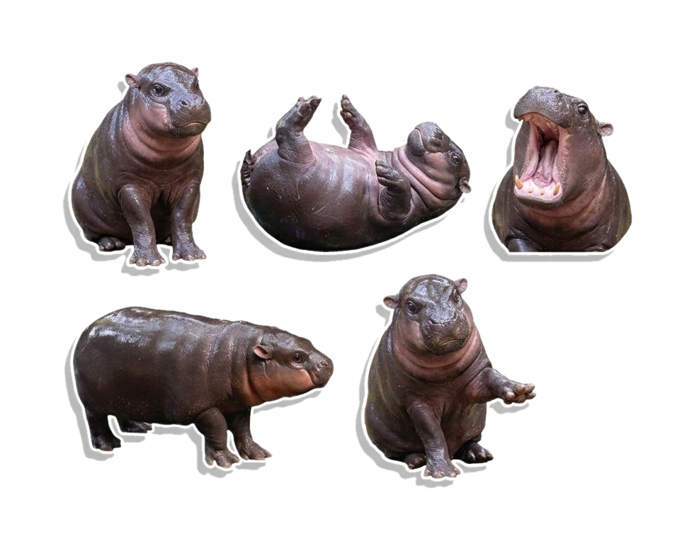 5 Pack Pygmy Hippo Waterproof Matte Vinyl Sticker Paper – Moo Deng Cute Animal Stickers