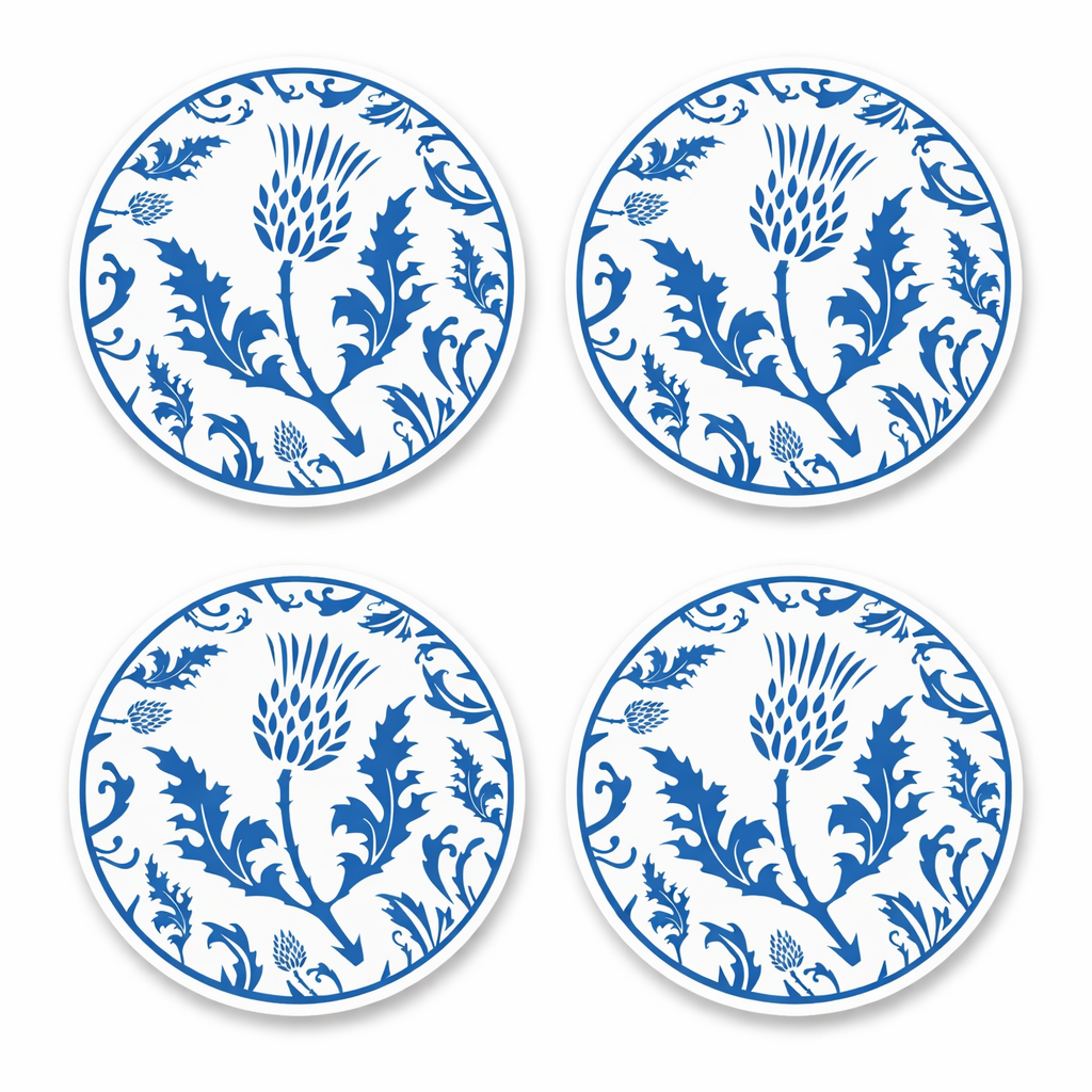 Scottish Thistle Vinyl Stickers, Blue and White Floral Design, Waterproof Matte Finish, 4 Pack