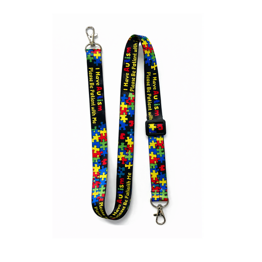 I have Autism DOUBLE CLIP adjustable Lanyard neck strap ID holder please be patient awareness phone bag