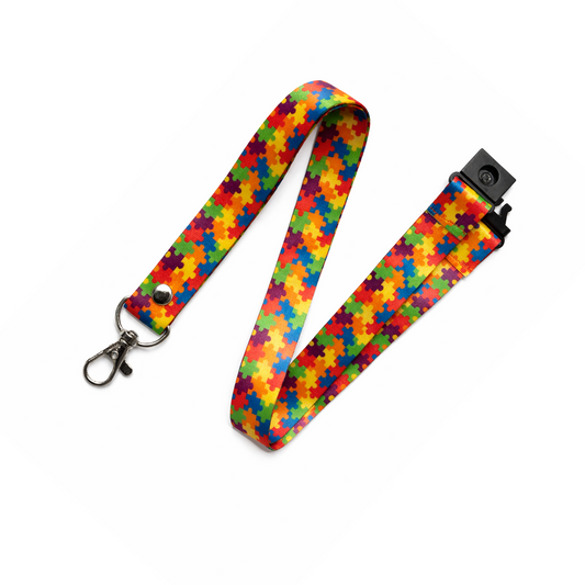 Autism Awareness Jigsaw Lanyard - neck strap, ID HOLDER Safety breakaway clip