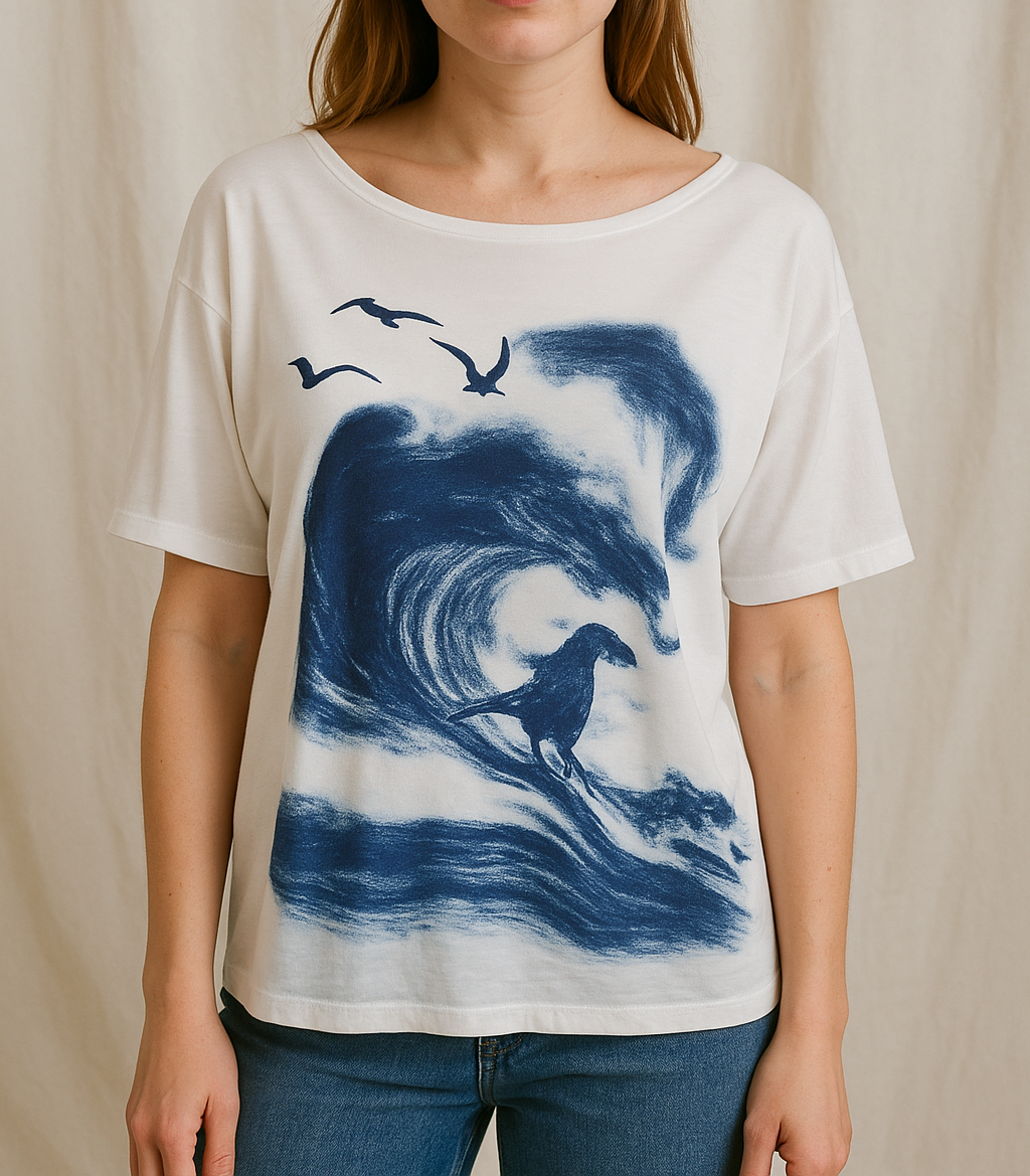 Surfing Trex Tyrannosaurus Rex nautical print top shirt womens ladies Jurassic t-rex
