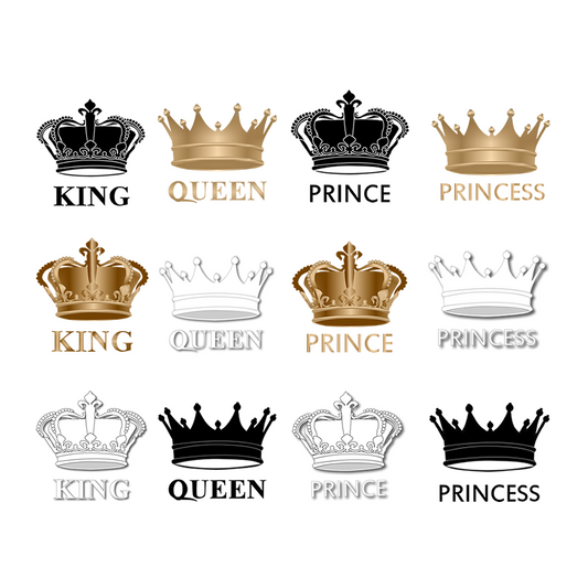 3 x King, Queen, Prince or Princess Crown Iron on Transfers for Fabric Machine Washable Screen print patch The Royals