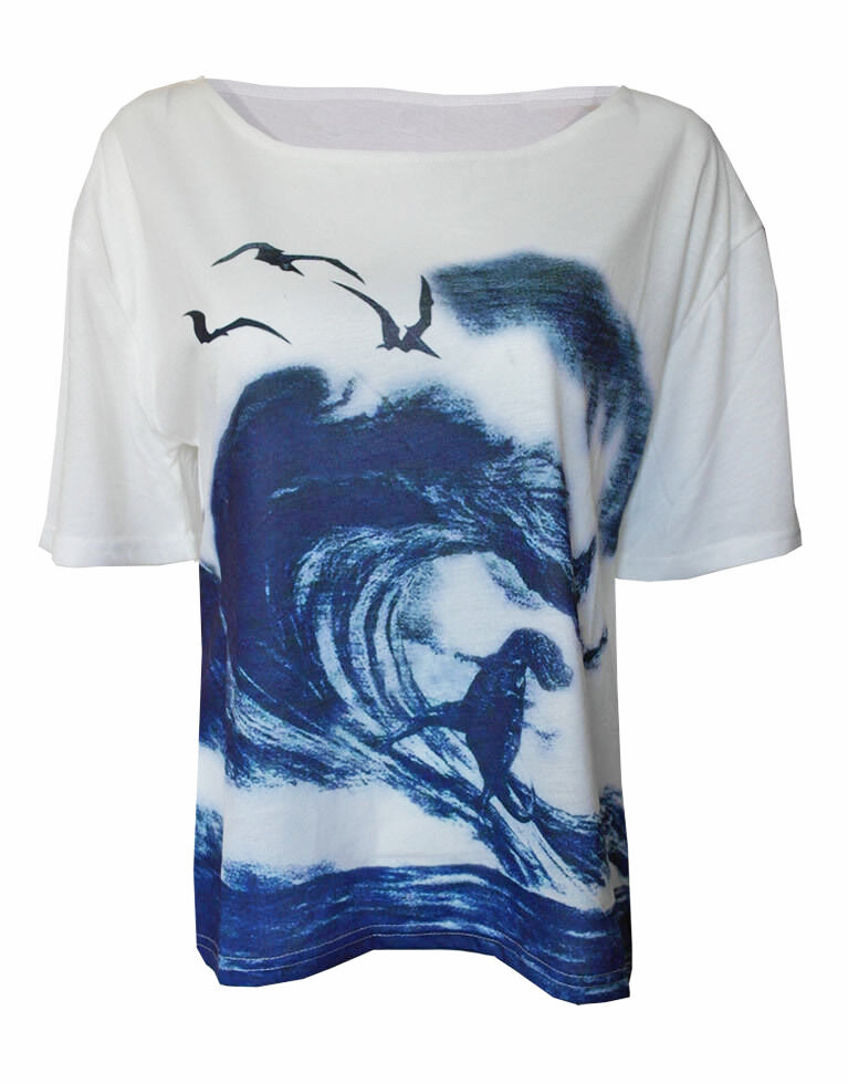 Surfing Trex Tyrannosaurus Rex nautical print top shirt womens ladies Jurassic t-rex