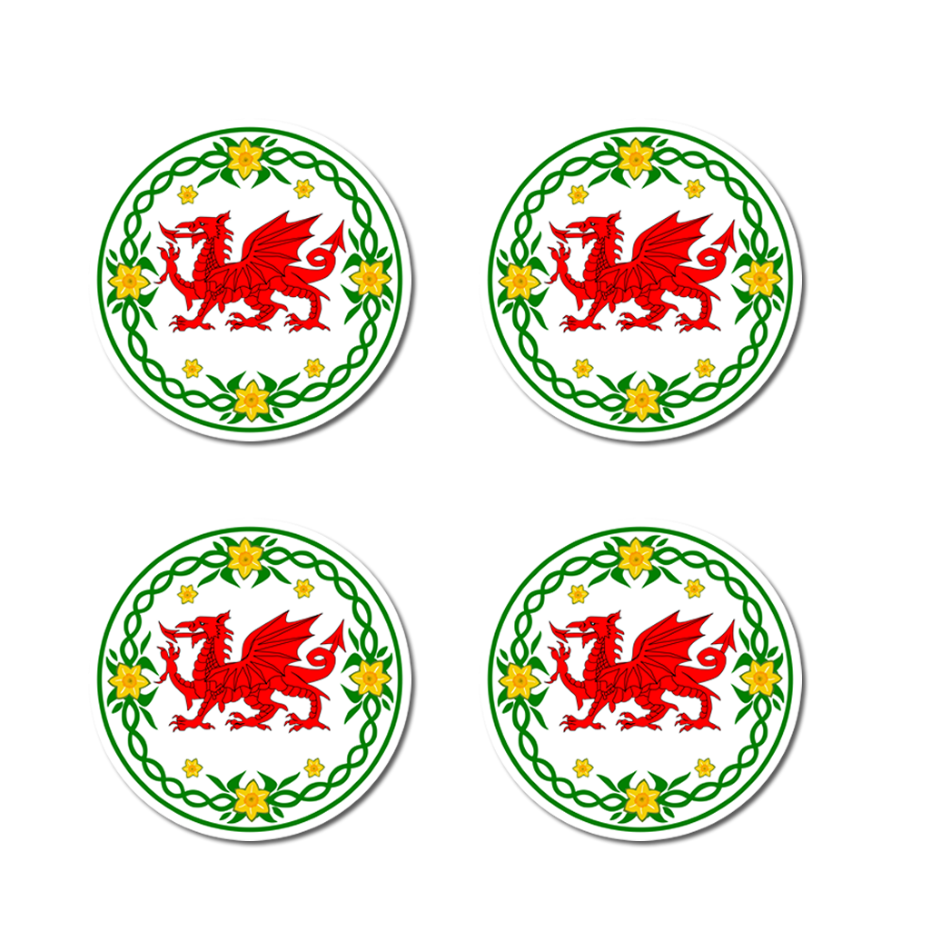 Wales Dragon Daffodil Crest Matte Waterproof Vinyl Stickers, White with Red Dragon and Yellow Daffodils, 4.6 cm Round, Set of 4
