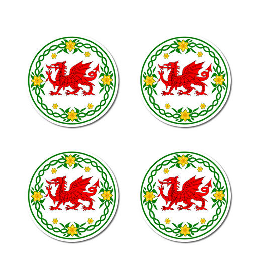 Wales Dragon Daffodil Crest Matte Waterproof Vinyl Stickers, White with Red Dragon and Yellow Daffodils, 4.6 cm Round, Set of 4