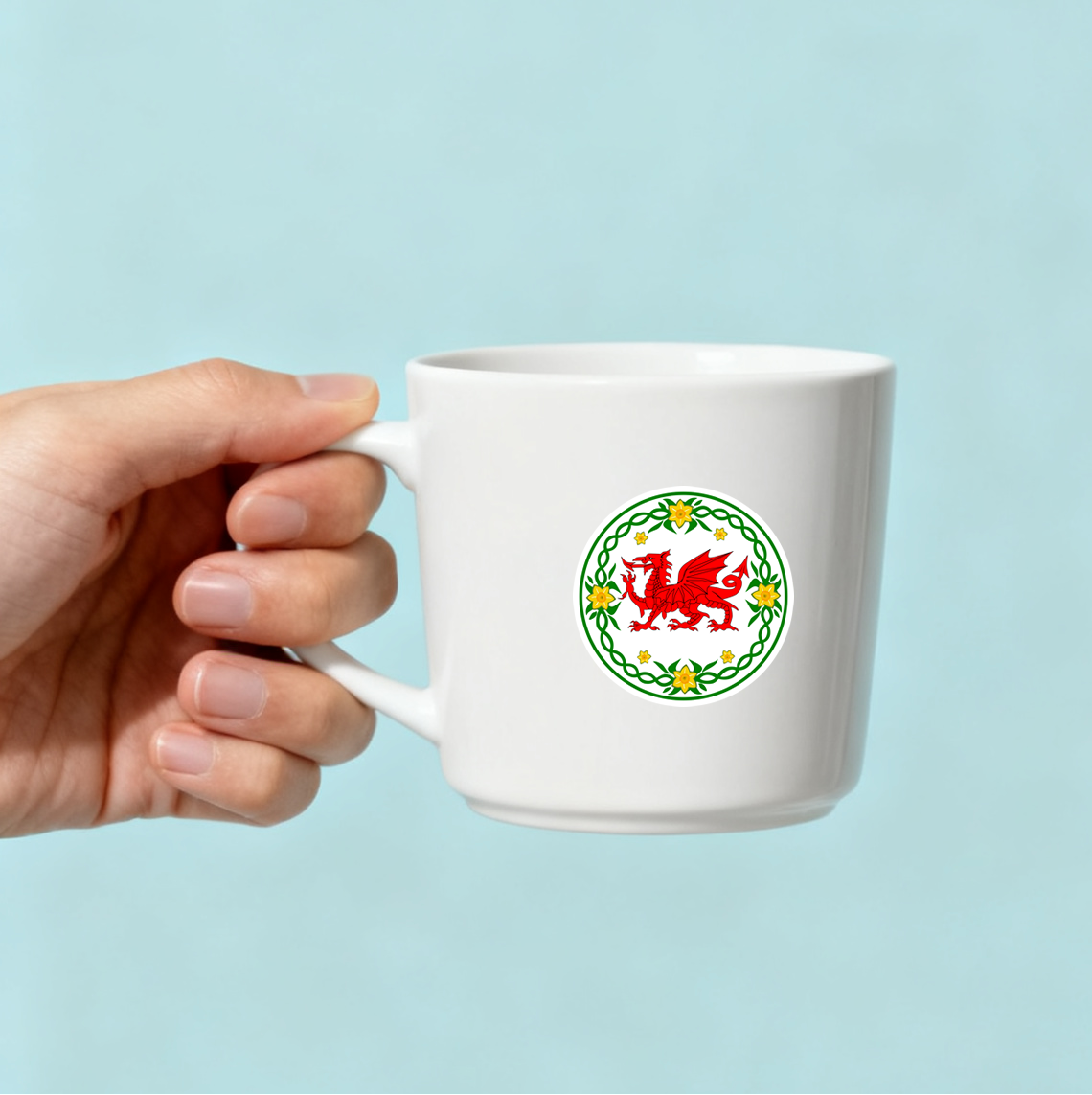 Wales Dragon Daffodil Crest Matte Waterproof Vinyl Stickers, White with Red Dragon and Yellow Daffodils, 4.6 cm Round, Set of 4