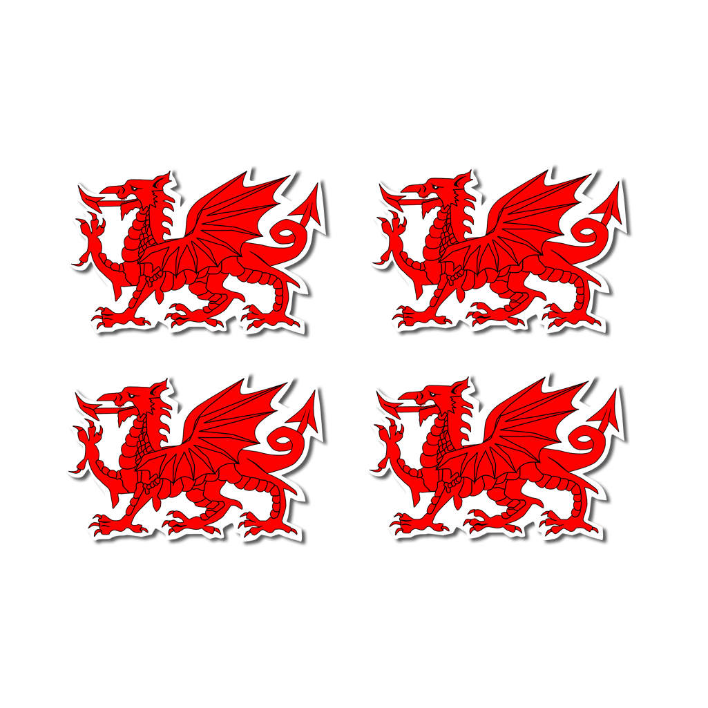 Welsh Dragon Waterproof Vinyl Stickers, Red Dragon Design, 5.3 x 3.4 cm, Set of 4, matte Finish, Wales Theme Label STICKER