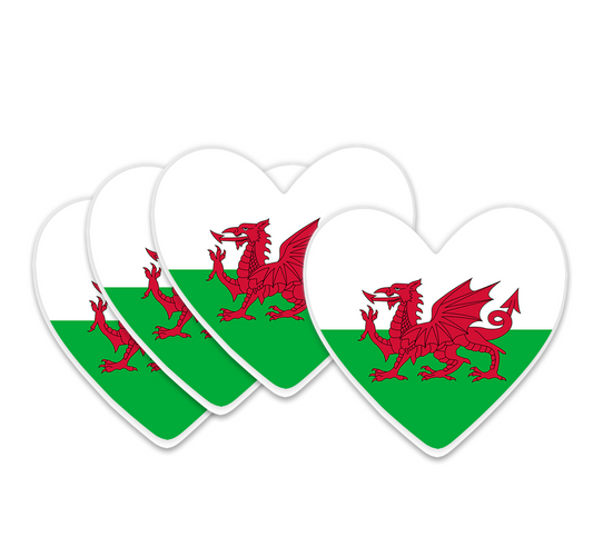 4 PACK WALES Flag heart waterproof Matte vinyl sticker Welsh Team