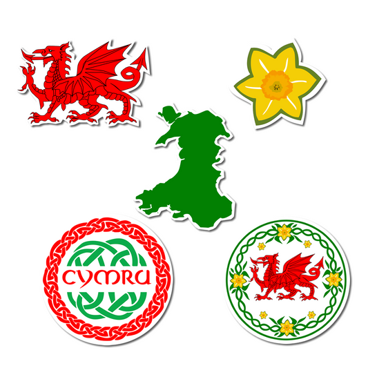 Inking House Set of 5 Wales Celtic Symbol waterproof Vinyl Stickers, Cymru Welsh Dragon Daffodil Wales Map