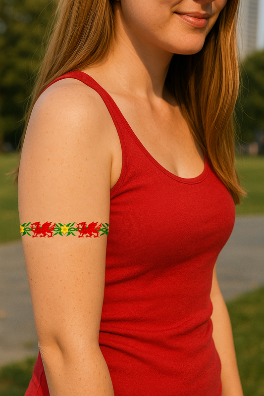 Welsh Dragon Daffodil Armband Temporary Tattoo Waterproof Lasts 1 week Wales Flag rugby