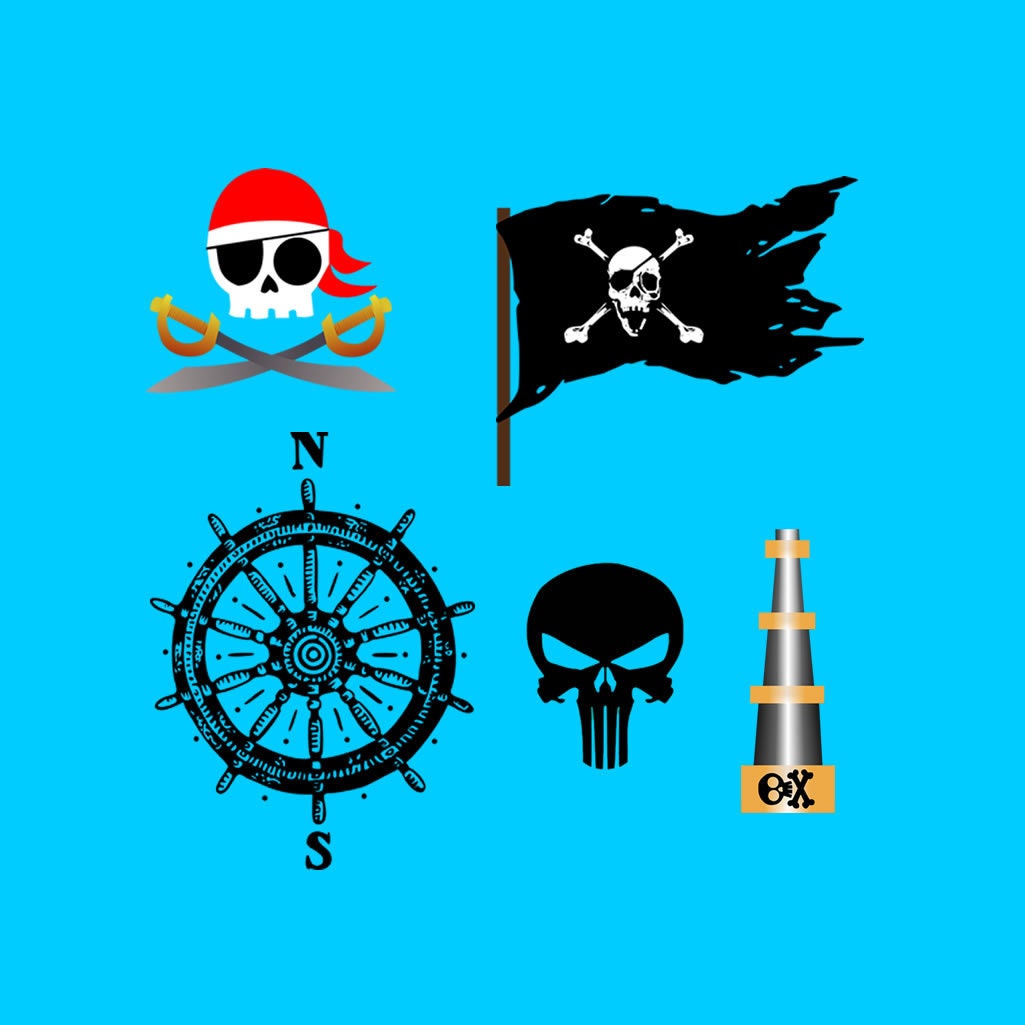 Set of 5 Iron on Pirate Screen Print Transfers for Fabrics Machine Washable Skull Pirate Flag patch