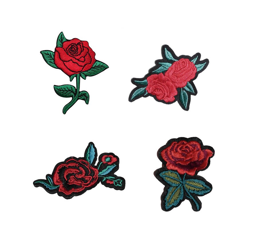 Set of 4 Flowers Rose Iron / Sew On Embroidered Patch Flower Badge Love Embroidery