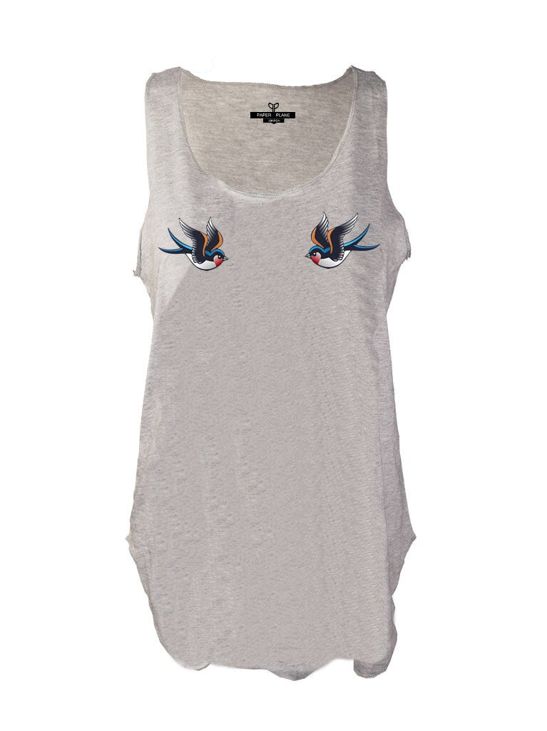 Nautical Swallow print tank top shirt vest sailors singlet swift birds nautical tattoos