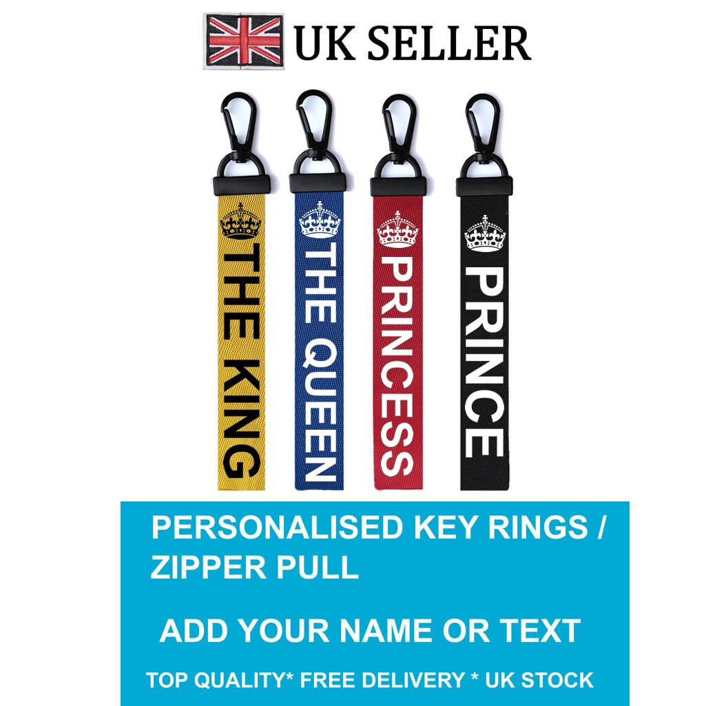 THE ROYALS Key Chain Key ring Luggage Personalised / Custom Name Text Tag Zipper Pull The king The Queen The Prince The Princess