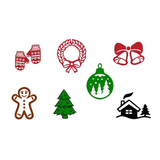 Set of 7 Christmas Tree DIY Iron on Screen Print Transfer for fabrics Machine Washable Ginger Bread man, Mittens, Jingle Bells