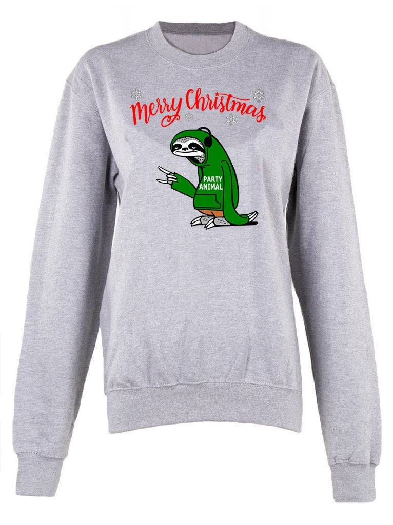 Merry Christmas party Animal print crew neck unisex Sweatshirt top Christmas Jumper Sloth Xmas top