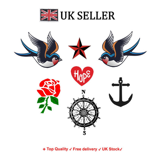 Set of 7 Sailor Temporary Tattoo Waterproof Lasts swallows Heart anchor Nautical Star Rose Steering Wheel