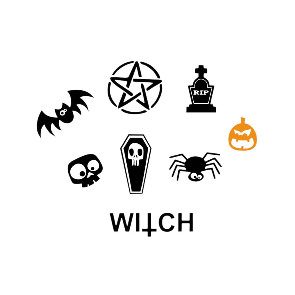 Set of 8 Halloween Witchcraft Temporary Tattoo Waterproof Lasts 1 week RIP Witch Pentagram Bat Coffin Pumpkin Skull Spider