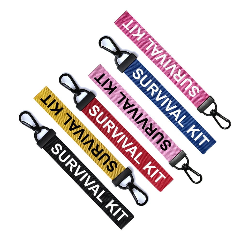Survival Kit Key Chain Key ring Luggage Personalised Name Text Tag Zipper Pull