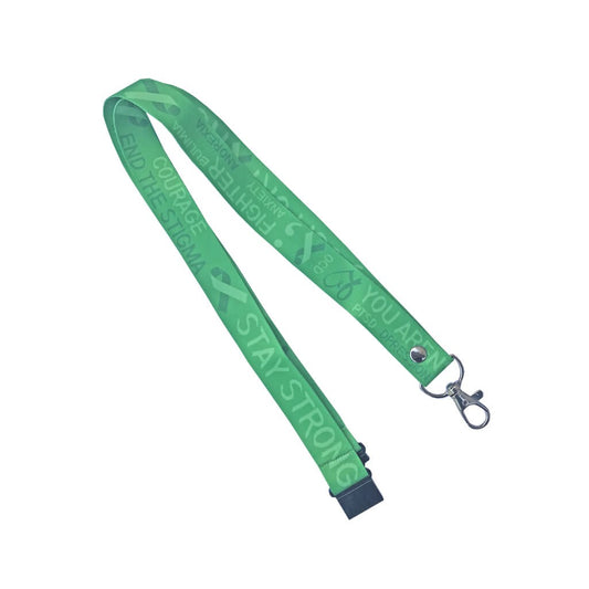 Mental Health Awareness Lanyard - neck strap, ID HOLDER Safety breakaway clip hope courage believe strength Green ribbon lanyard