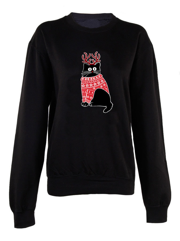 Merry Christmas Holiday cat print crew neck unisex Sweatshirt top Christmas Jumper Pussy Cat Xmas top