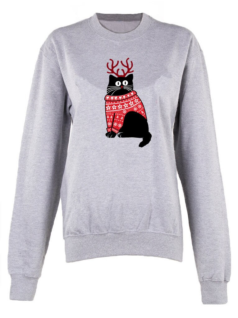 Merry Christmas Holiday cat print crew neck unisex Sweatshirt top Christmas Jumper Pussy Cat Xmas top