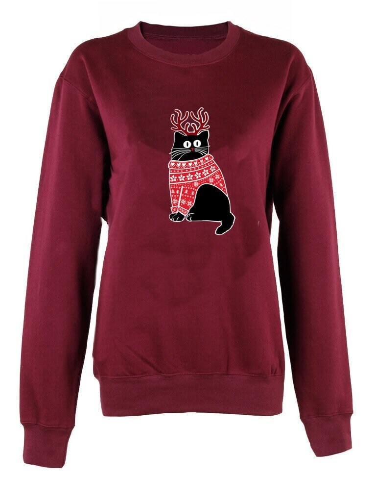 Merry Christmas Holiday cat print crew neck unisex Sweatshirt top Christmas Jumper Pussy Cat Xmas top