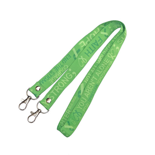 Mental Health Awareness DOUBLE CLIP Lanyard neck strap ID holder hope courage believe strength Green ribbon