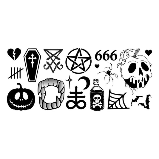 19 X Witch craft Temporary Tattoo Lasts 1 week Halloween fangs poison apple 666 lucifer spider bat Goth