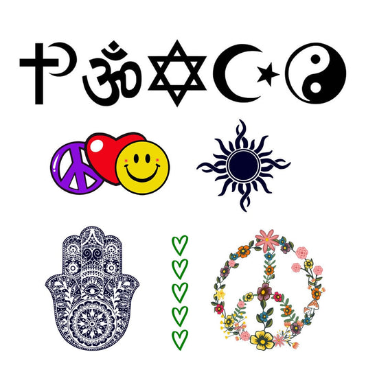 10 x Hippie Temporary Tattoo Lasts 1 week harmony Peace love and happiness hamsa hand sun green heart ying yang