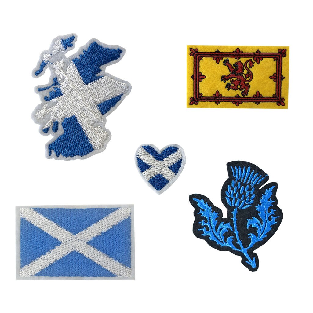 Set of 5 Scotland Embroidery Patch Iron on or Sew on Embroidered Motif Transfer Scottish Flag map heart Thistle Scottish Lion